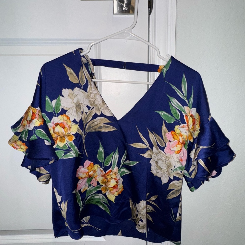 Zara Floral Ruffle Sleeve V-Neck Blouse - blue